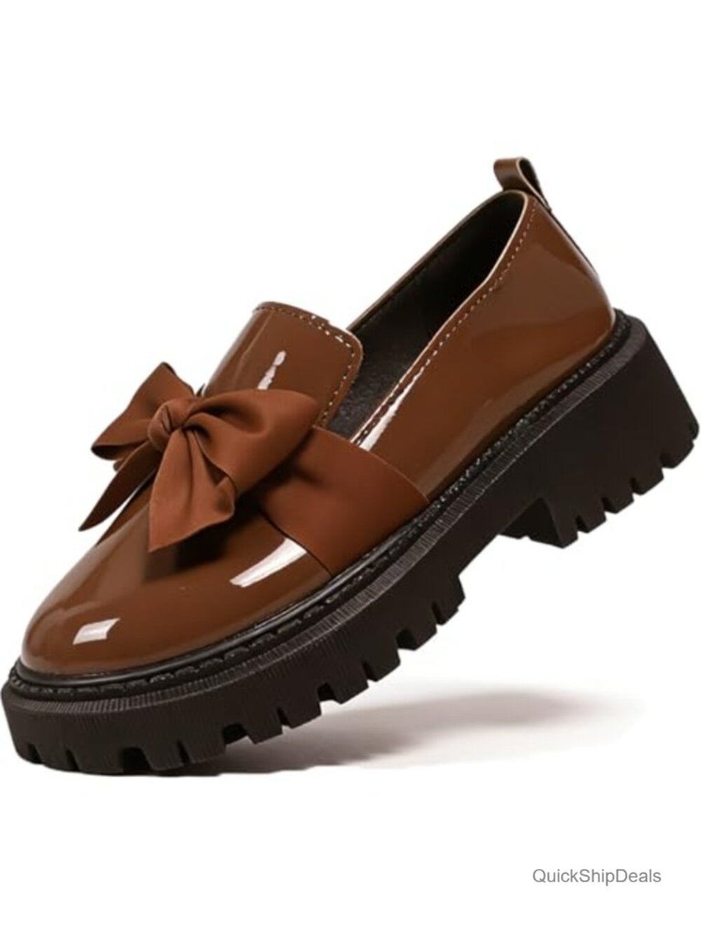 Patent Leather Penny Loafers Platform Bow Round Toe Chunky Lug Sole Slip-On